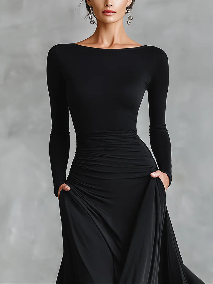 Long Sleeve Maxi Dress with Boat Neck and Side Pockets for Women