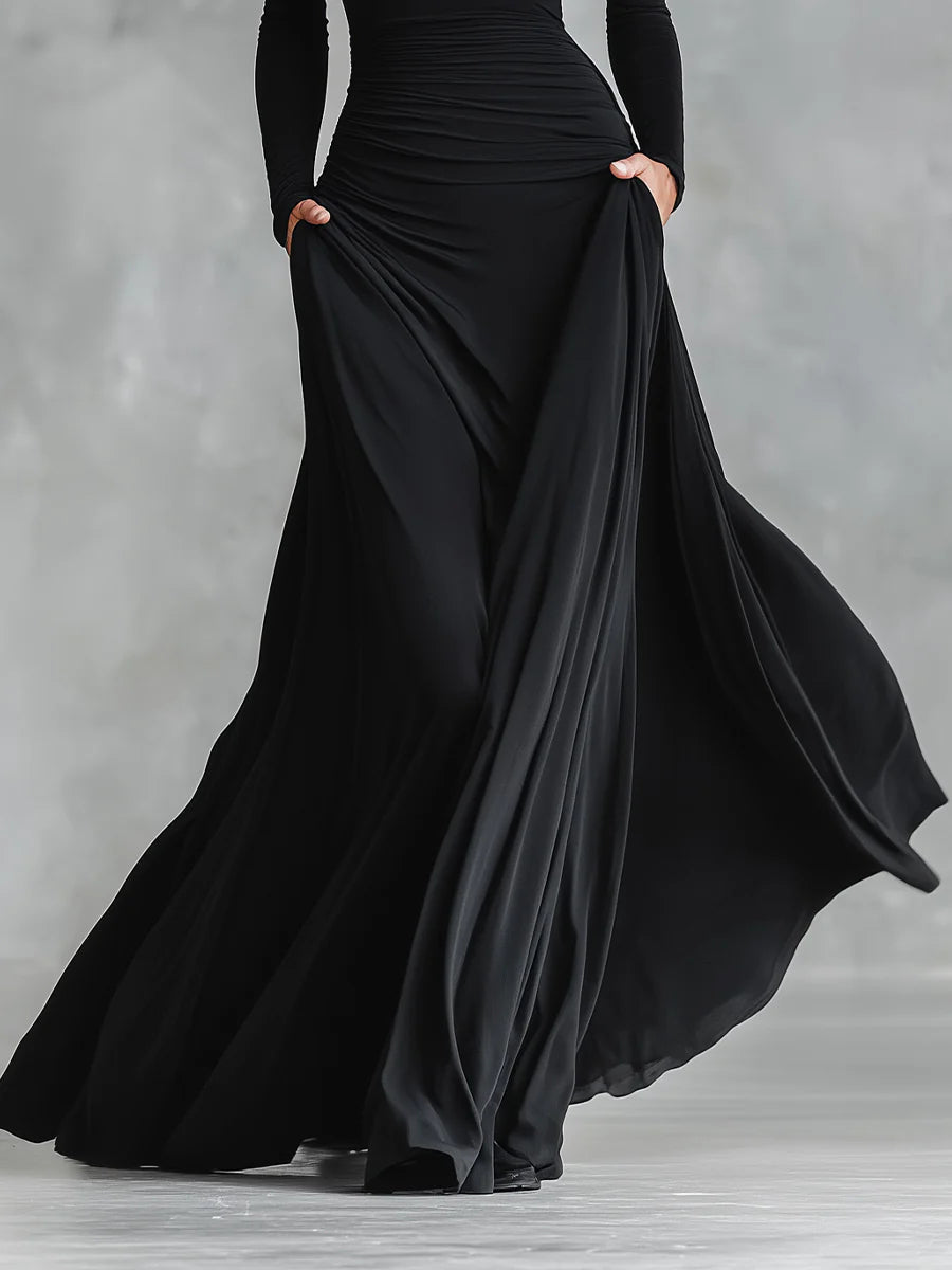 Long Sleeve Maxi Dress with Boat Neck and Side Pockets for Women