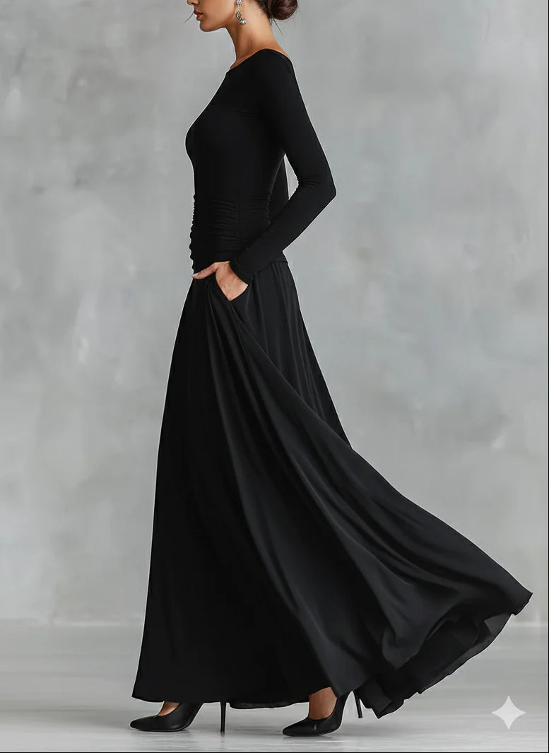 Long Sleeve Maxi Dress with Boat Neck and Side Pockets for Women