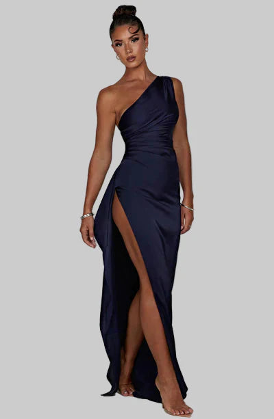 Satin Midi Dress with One Shoulder and Slit for Women