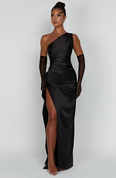 Satin Midi Dress with One Shoulder and Slit for Women
