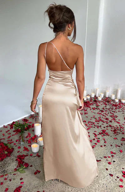 Satin Midi Dress with One Shoulder and Slit for Women