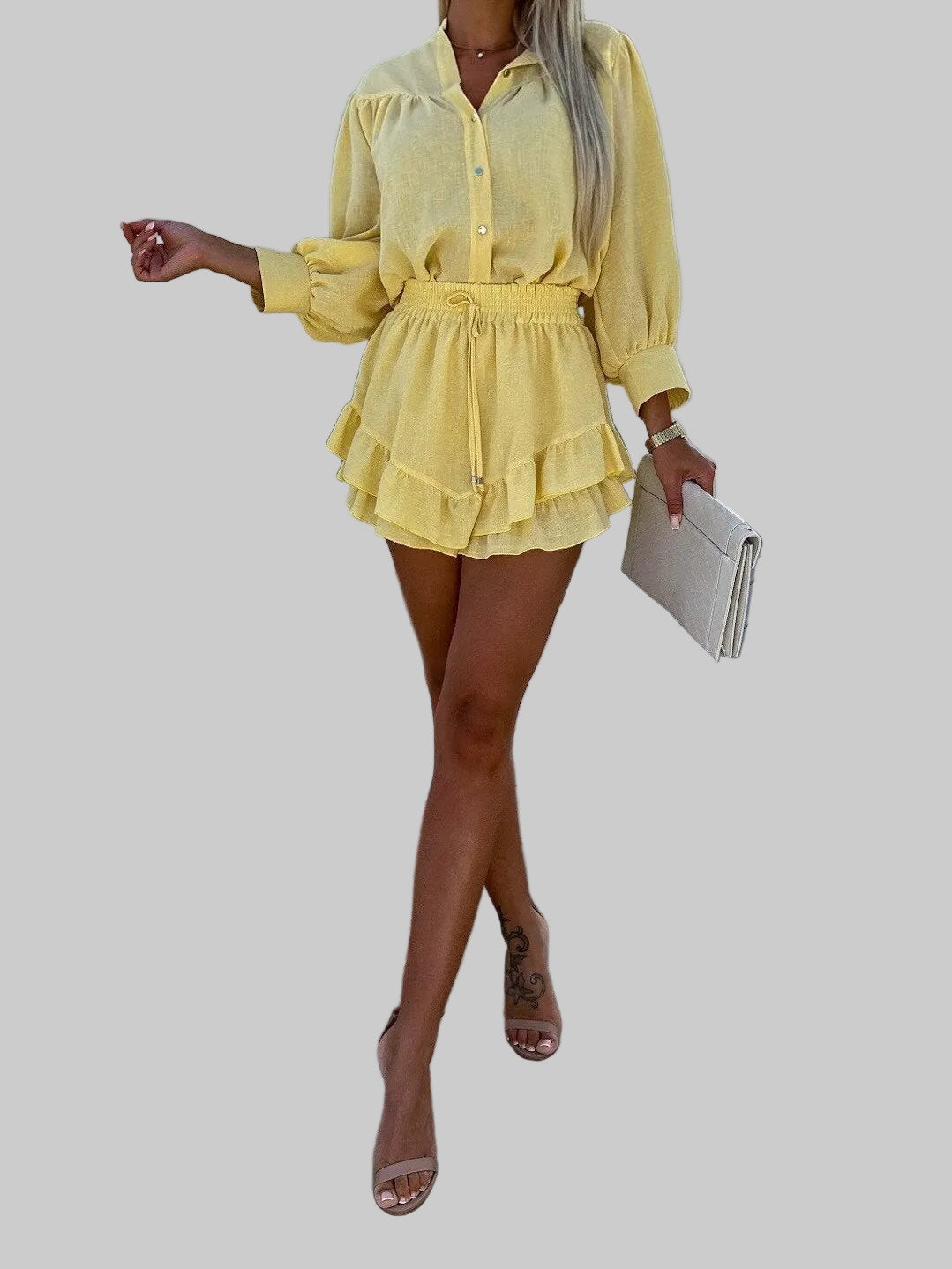 Button-Up Blouse and Ruffled Shorts Set for Women
