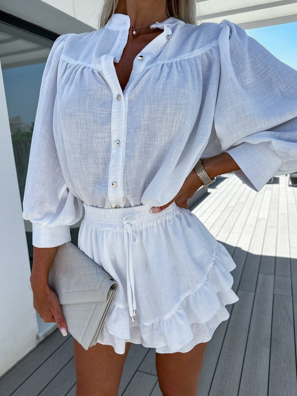 Button-Up Blouse and Ruffled Shorts Set for Women