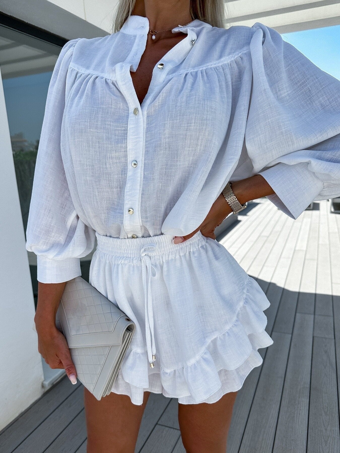 Button-Up Blouse and Ruffled Shorts Set for Women