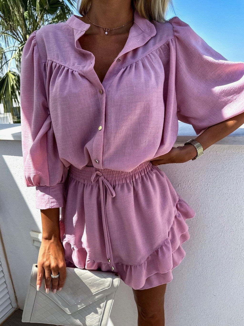 Button-Up Blouse and Ruffled Shorts Set for Women