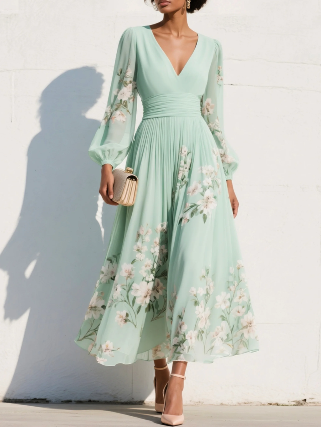 Women's V-Neck Chiffon Midi Dress