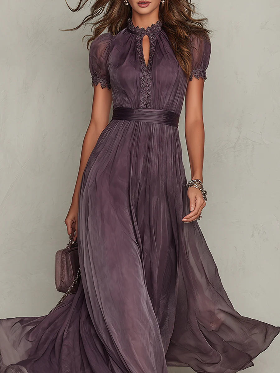 Long Dress with Keyhole Neckline and Lace for Women