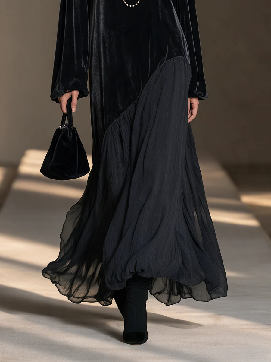 Long Sleeve Velvet Maxi Dress with Asymmetric Chiffon Hem for Women