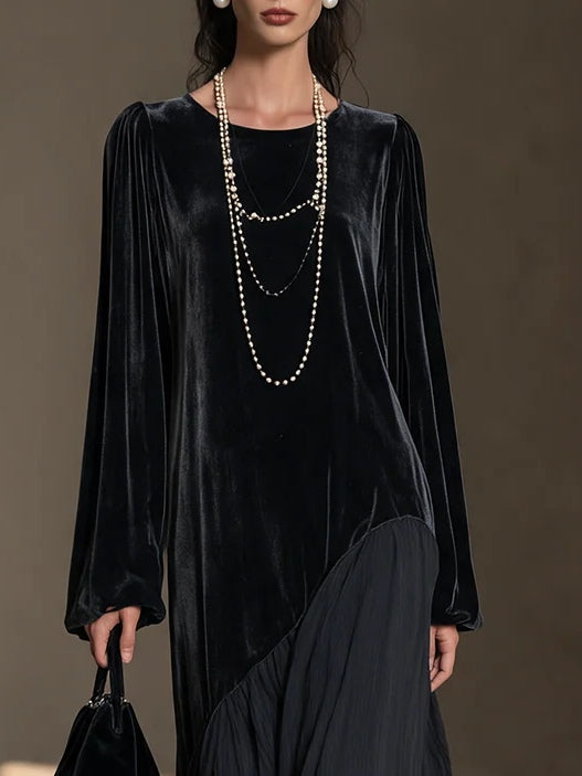 Long Sleeve Velvet Maxi Dress with Asymmetric Chiffon Hem for Women