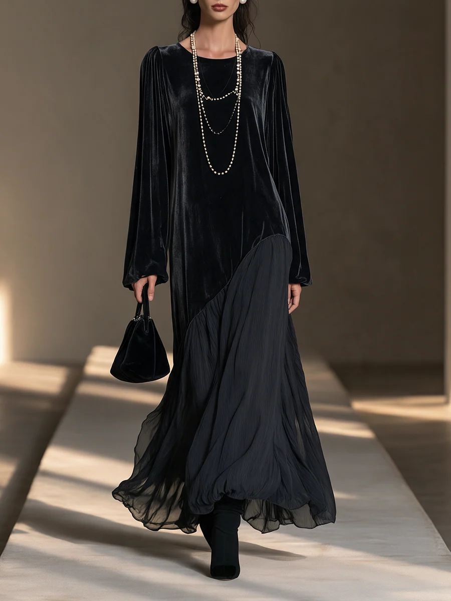 Long Sleeve Velvet Maxi Dress with Asymmetric Chiffon Hem for Women