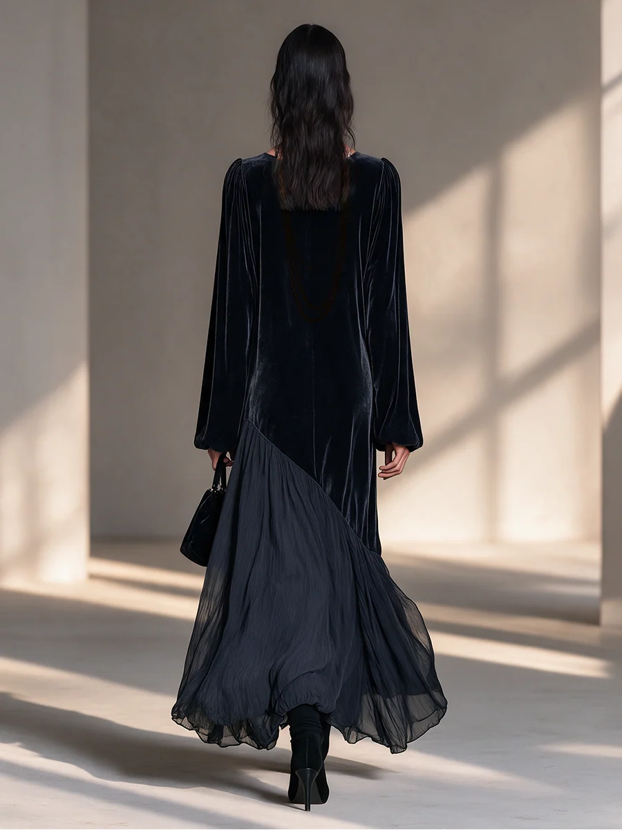 Long Sleeve Velvet Maxi Dress with Asymmetric Chiffon Hem for Women
