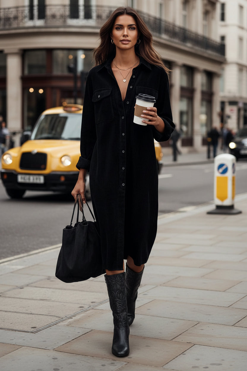 Long Sleeve Corduroy Midi Shirt Dress with Pockets for Women