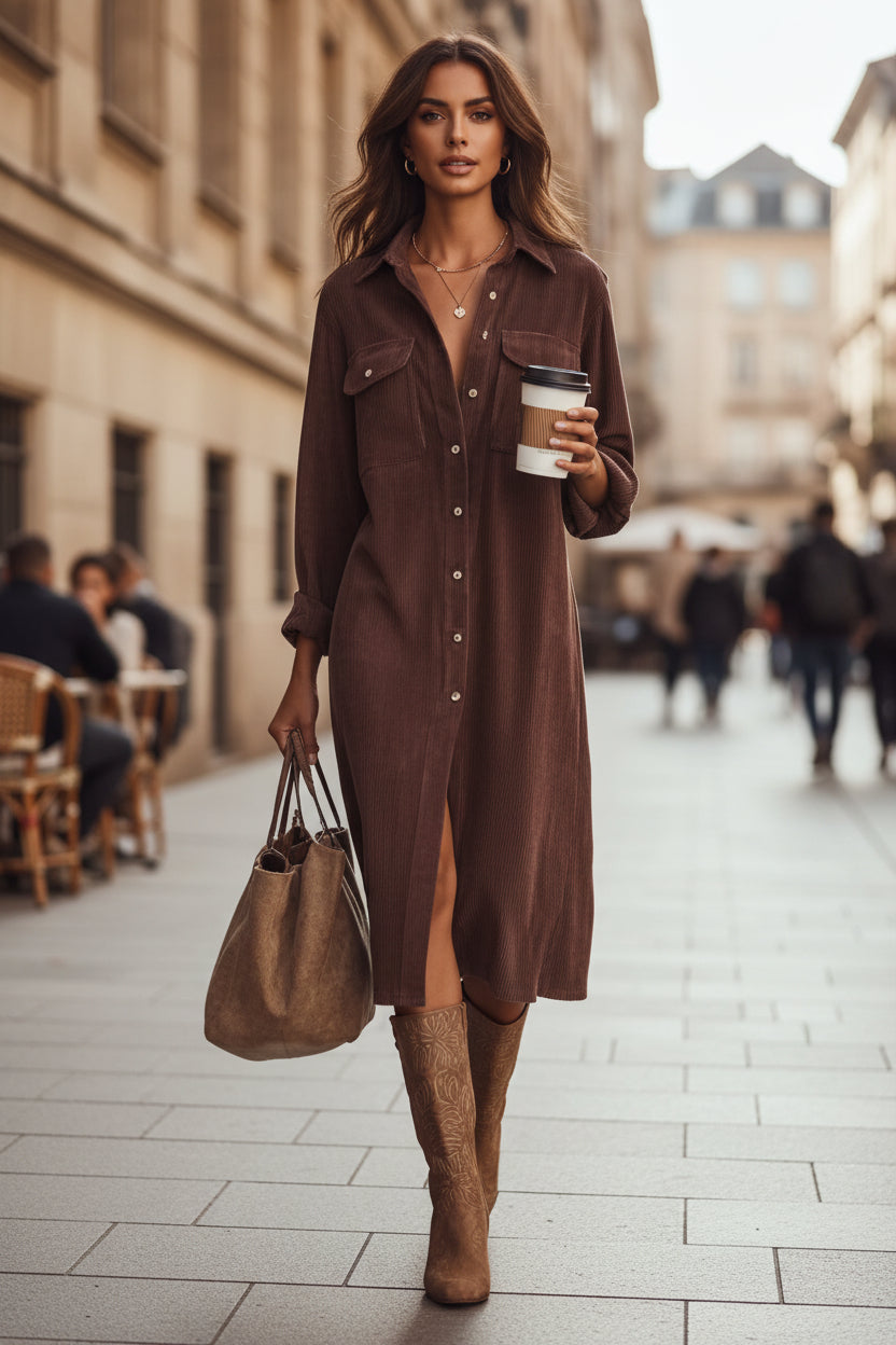 Long Sleeve Corduroy Midi Shirt Dress with Pockets for Women