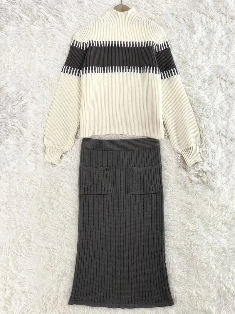 High Waisted Midi Skirt and Oversized Sweater Ribbed Knit Set for Women