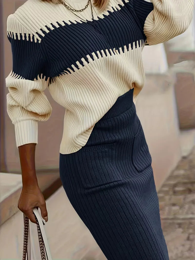 High Waisted Midi Skirt and Oversized Sweater Ribbed Knit Set for Women