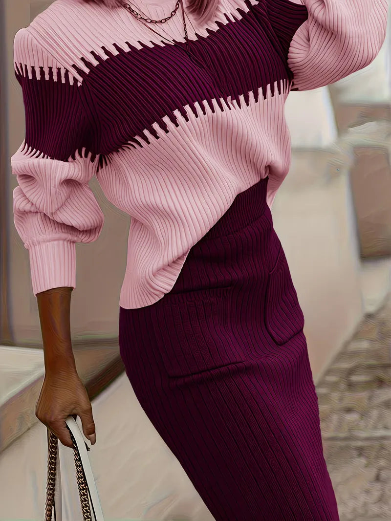 High Waisted Midi Skirt and Oversized Sweater Ribbed Knit Set for Women