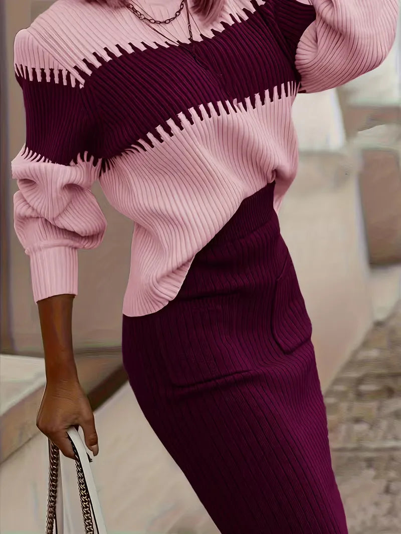 High Waisted Midi Skirt and Oversized Sweater Ribbed Knit Set for Women