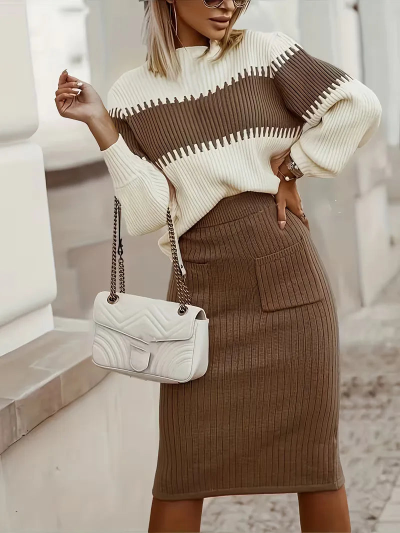High Waisted Midi Skirt and Oversized Sweater Ribbed Knit Set for Women