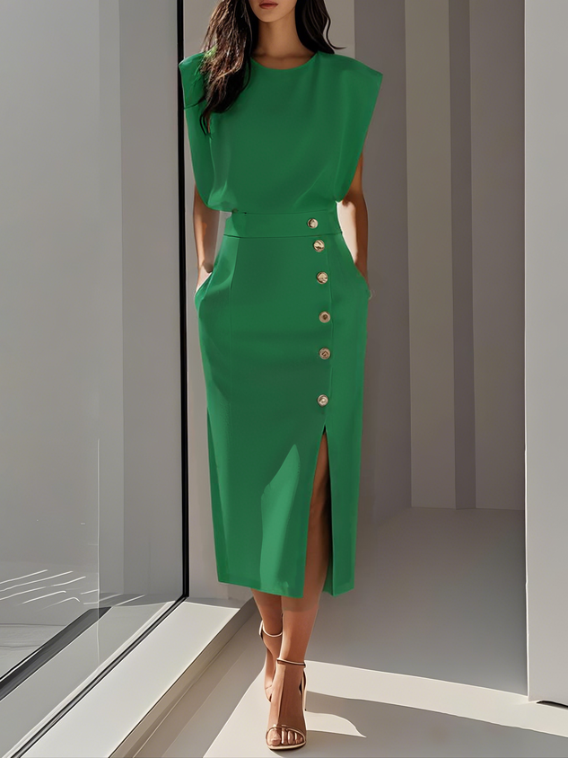 Midi Dress with Round Neck and Buttons for Women | Ideal for Summer