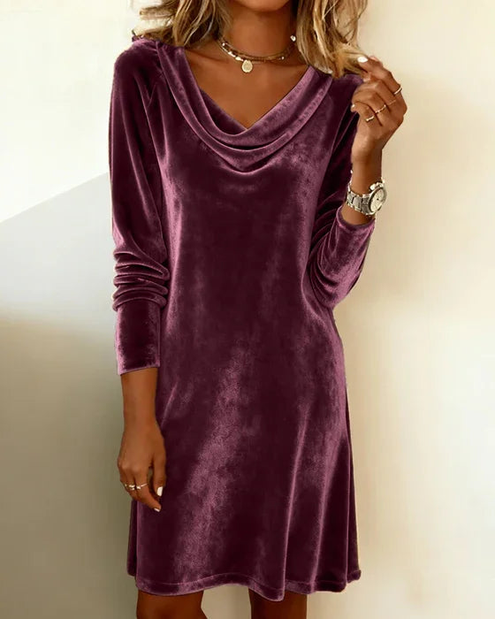 Long Sleeve Velvet Fitted Midi Dress with Cowl Neck for Women