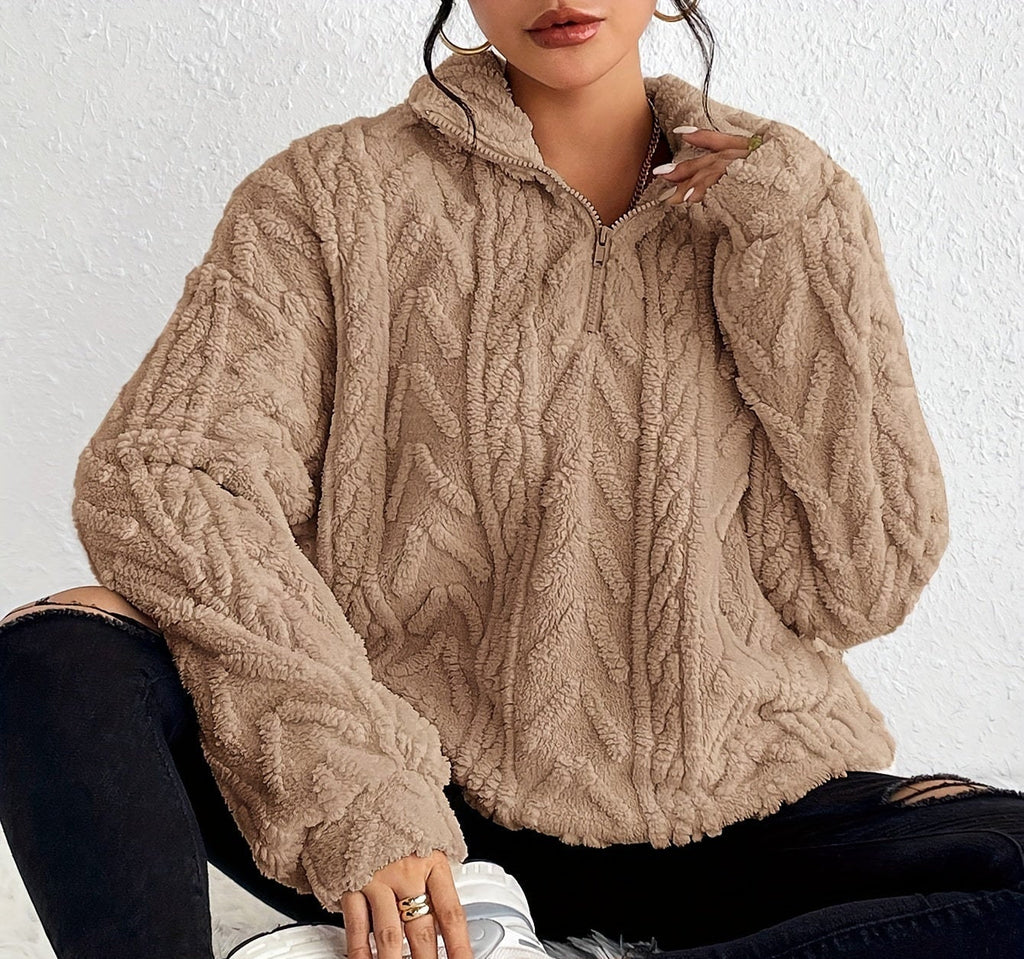 Oversized Quarter Zip Fleece Sweater with Mock Neck for Women