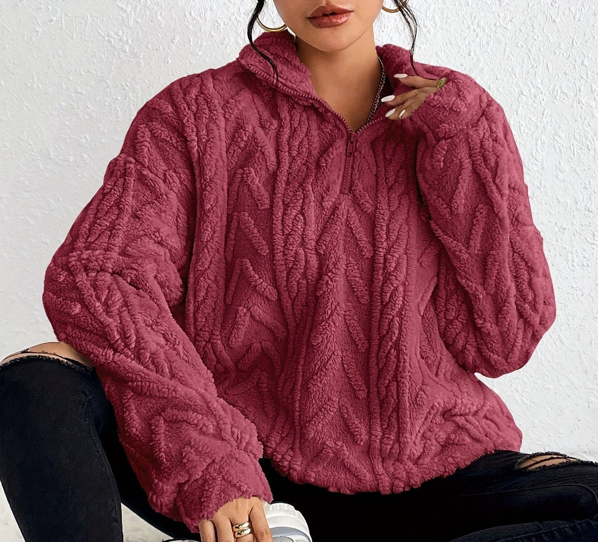 Oversized Quarter Zip Fleece Sweater with Mock Neck for Women