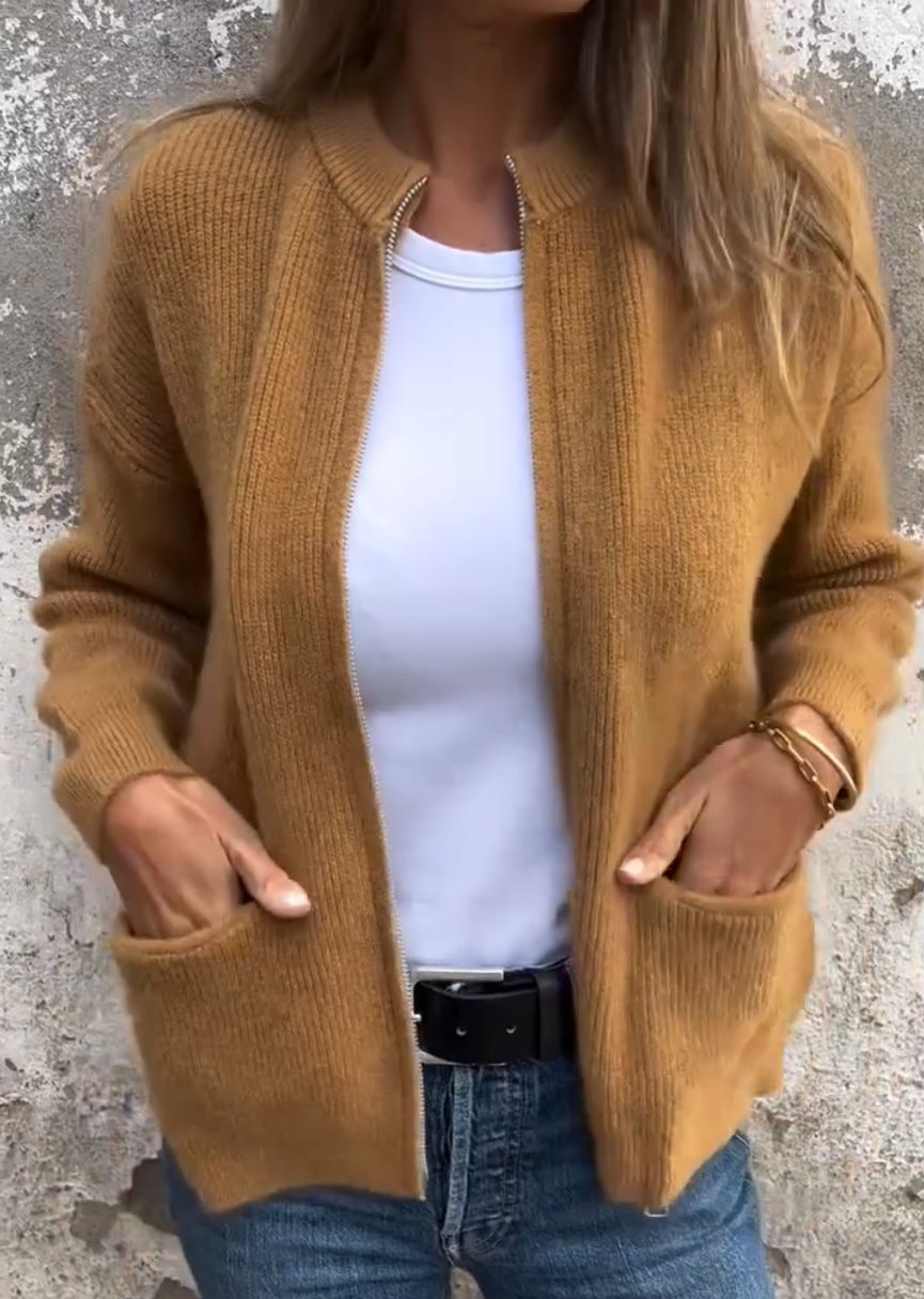 Long Zip Up Ribbed Knit Cardigan Sweater with Pockets for Women