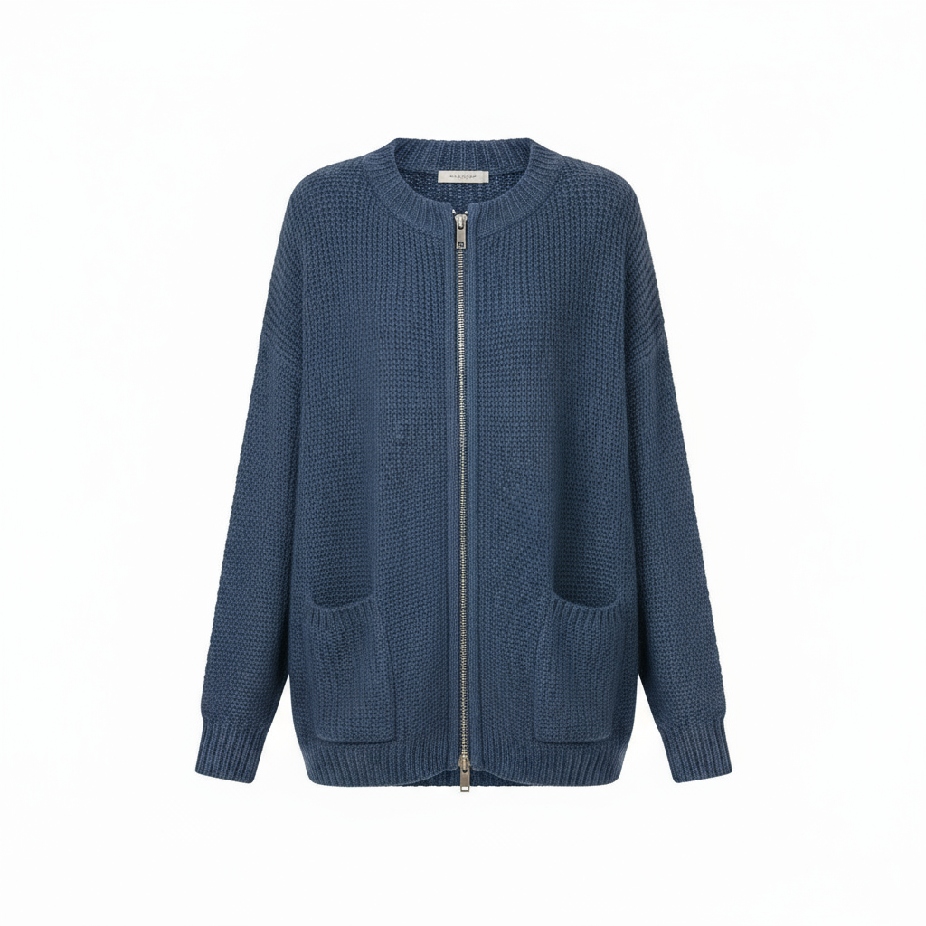 Long Zip Up Ribbed Knit Cardigan Sweater with Pockets for Women