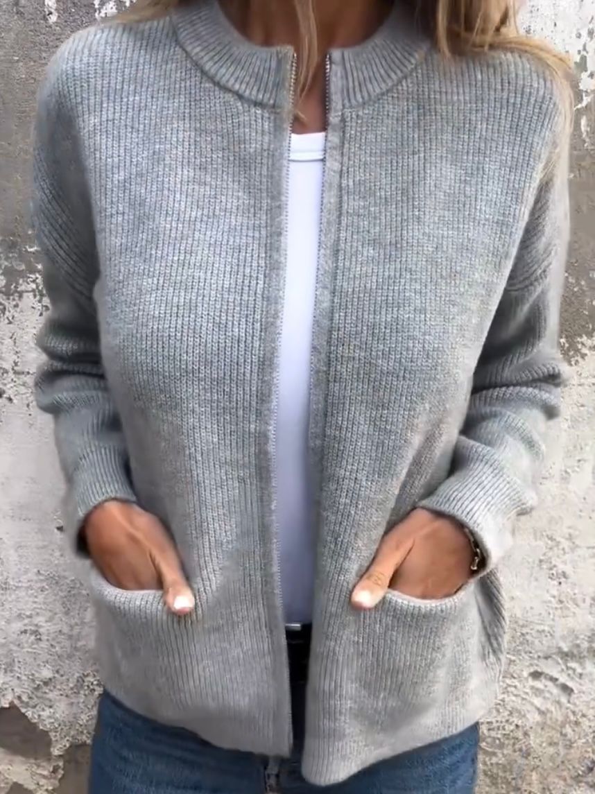 Long Zip Up Ribbed Knit Cardigan Sweater with Pockets for Women