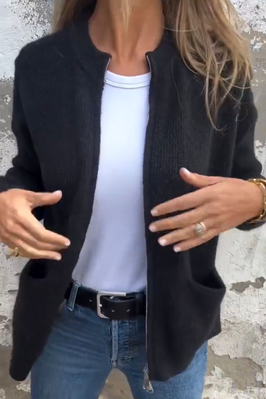 Long Zip Up Ribbed Knit Cardigan Sweater with Pockets for Women