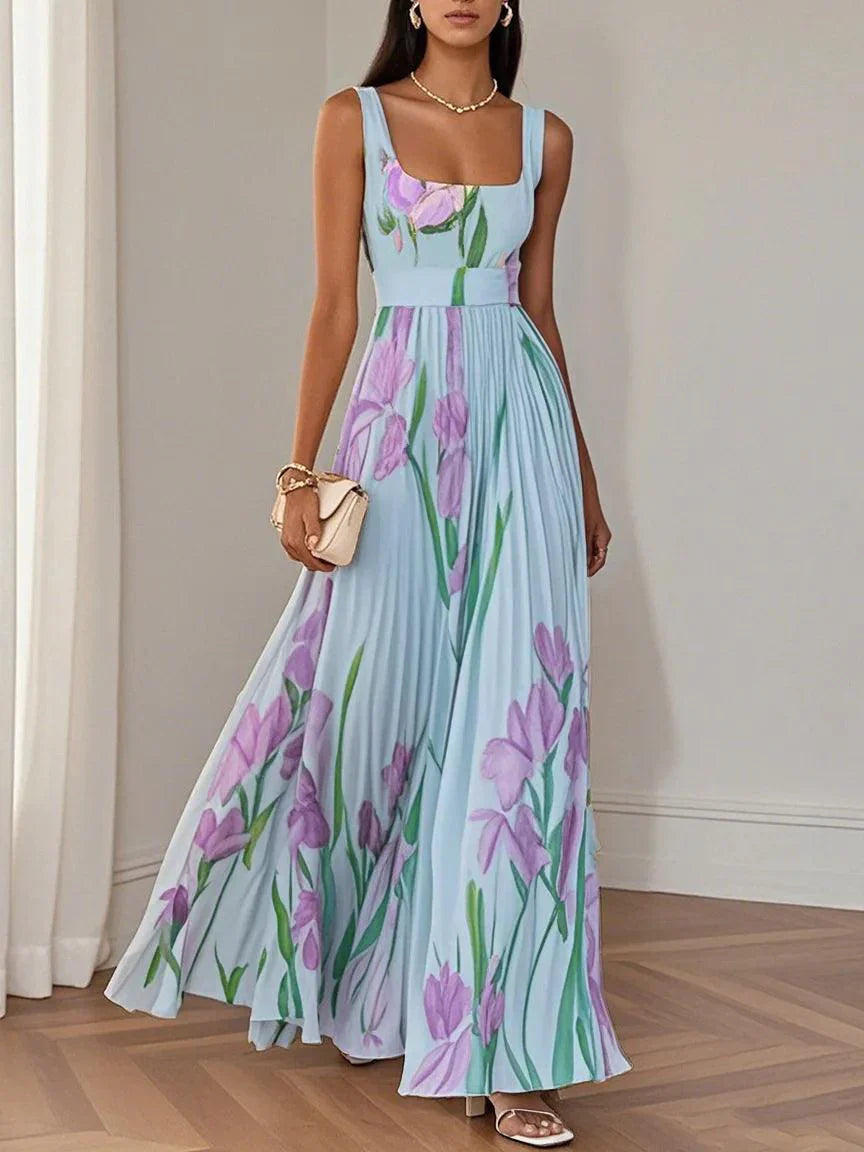 Women's Pleated Maxi Dress with Square Neckline | Perfect for Summer