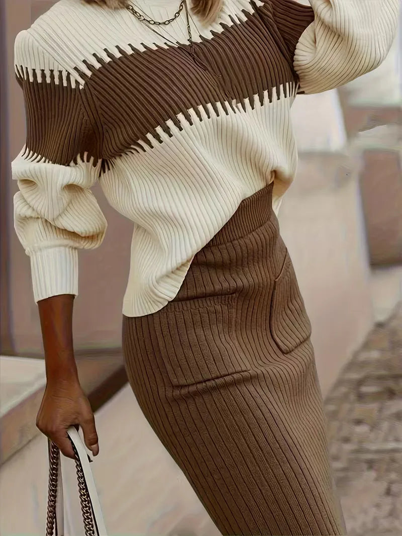 High Waisted Midi Skirt and Oversized Sweater Ribbed Knit Set for Women