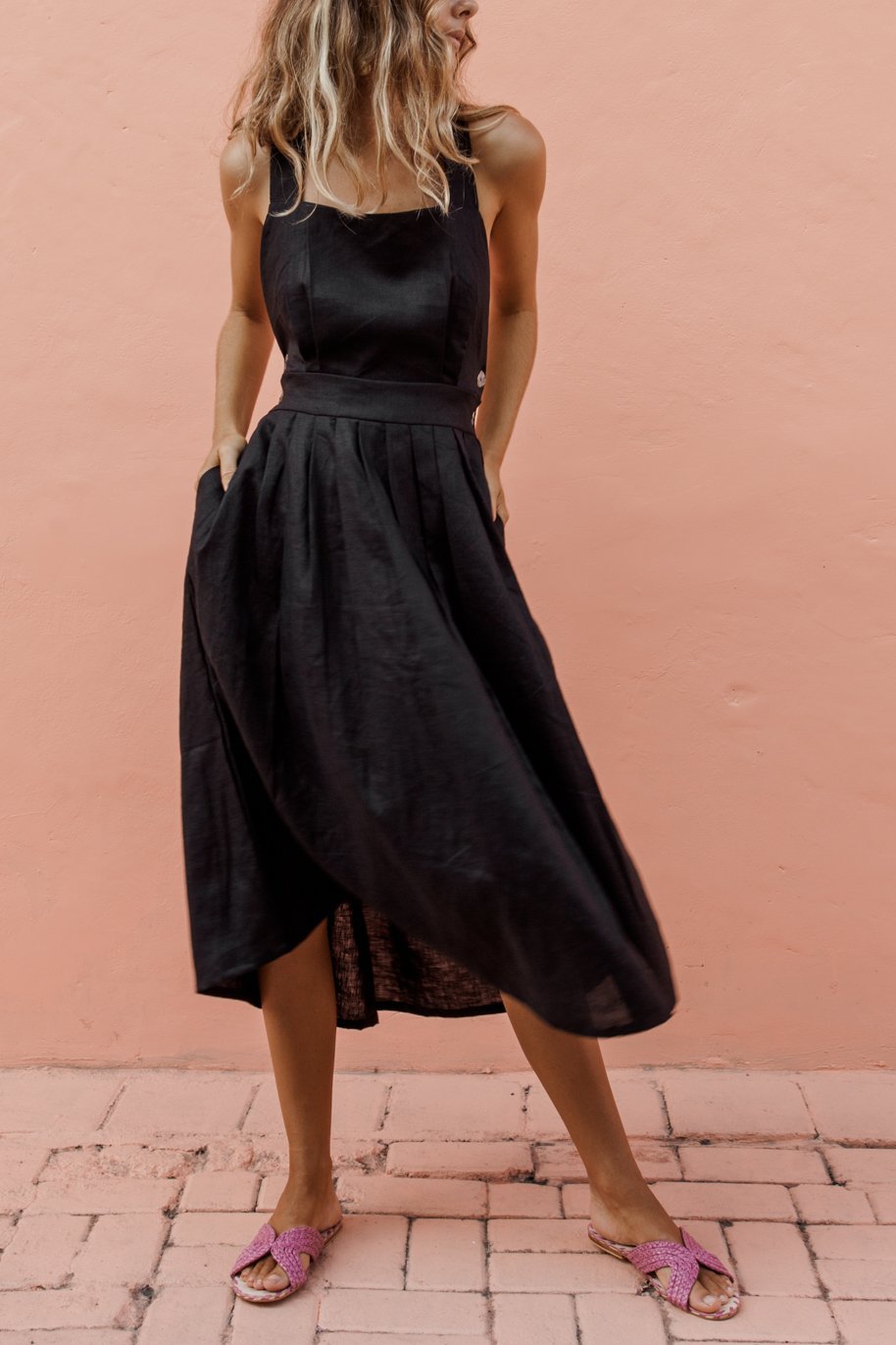 Midi Dress with Back Strap and Button Detail for Women