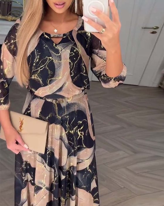 Long Dress with 3D Print and Puff Sleeves for Women