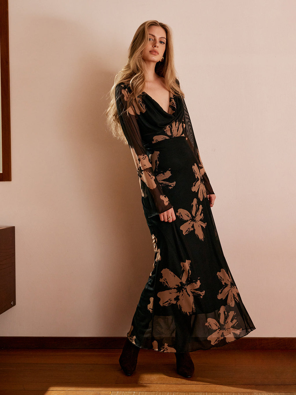 Floral Dress with Draped Neckline for Women