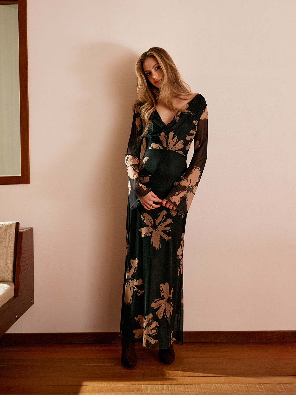 Floral Dress with Draped Neckline for Women