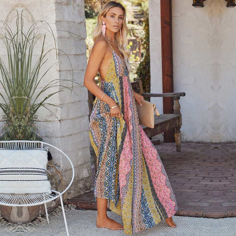 Boho Printed Maxi Dress with Deep V-Neck for Women