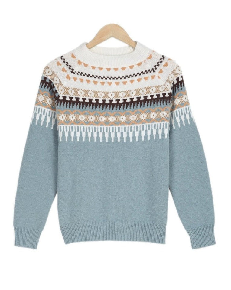 Fair Isle Crew Neck Pullover Sweater with Long Sleeves for Women