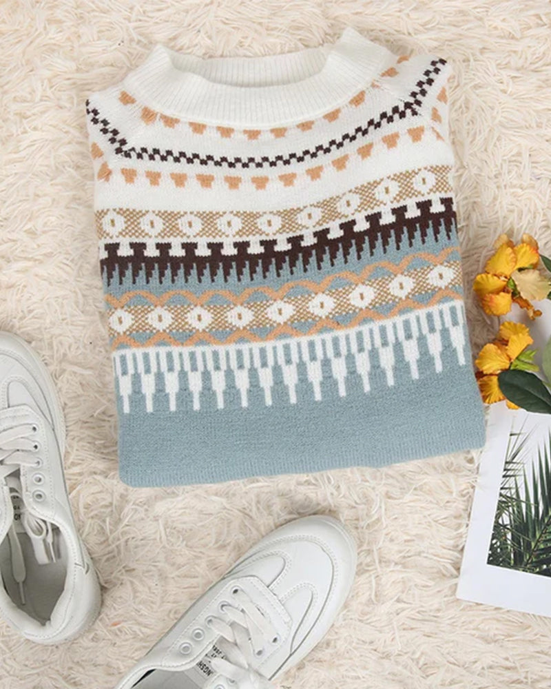 Fair Isle Crew Neck Pullover Sweater with Long Sleeves for Women