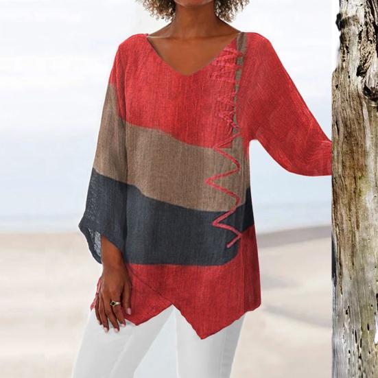 Textured Long Sleeve Top for Women with V-Neck and Asymmetrical Hem
