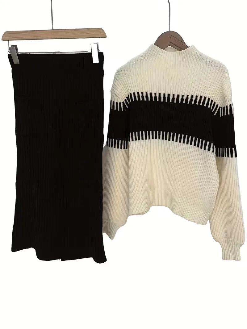 High Waisted Midi Skirt and Oversized Sweater Ribbed Knit Set for Women