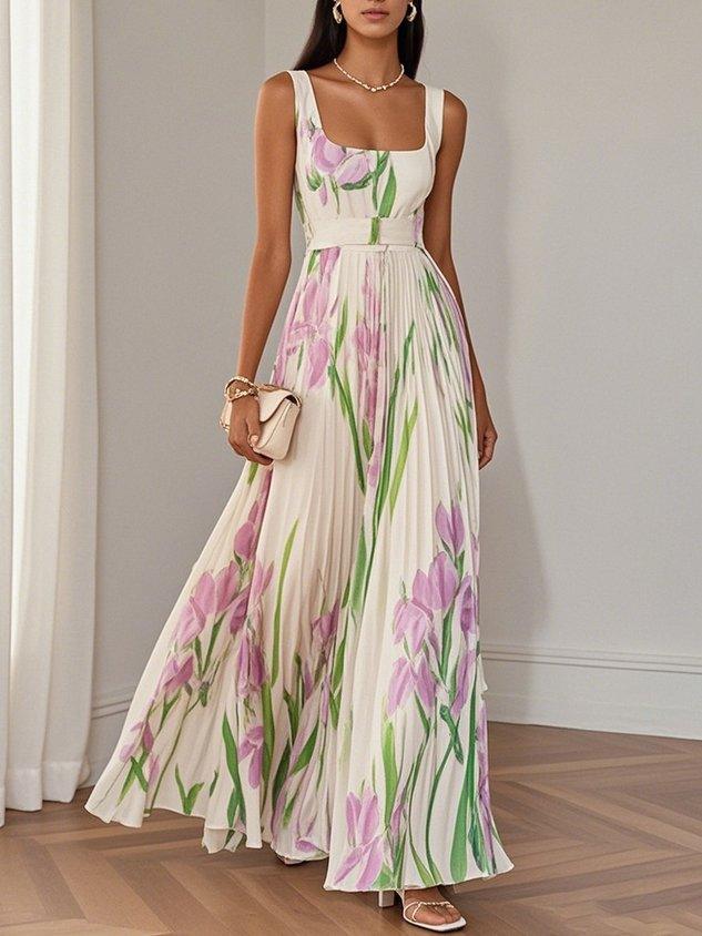 Women's Pleated Maxi Dress with Square Neckline | Perfect for Summer