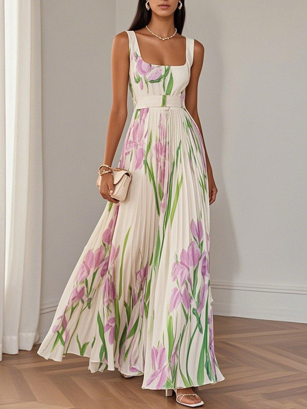 Women's Pleated Maxi Dress with Square Neckline | Perfect for Summer
