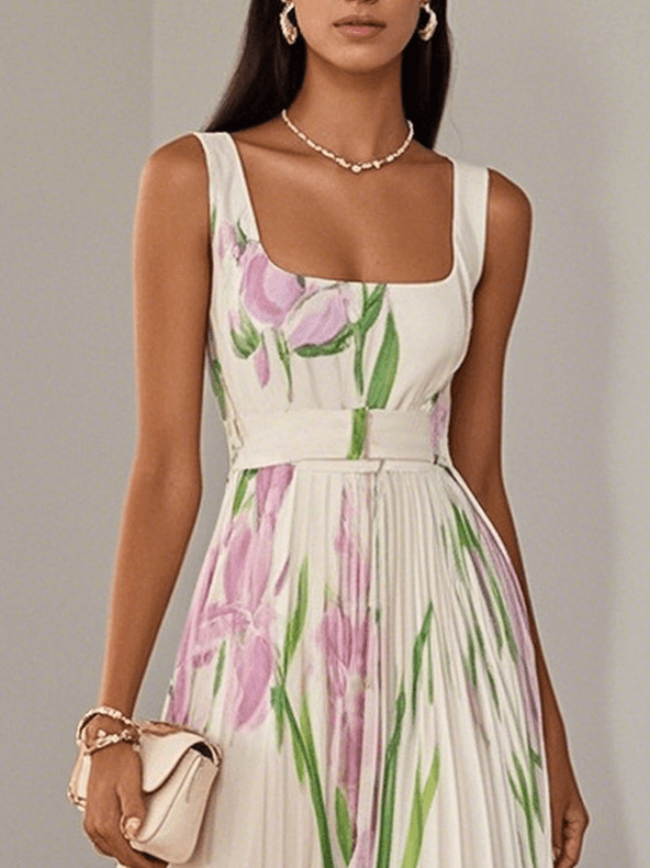 Women's Pleated Maxi Dress with Square Neckline | Perfect for Summer