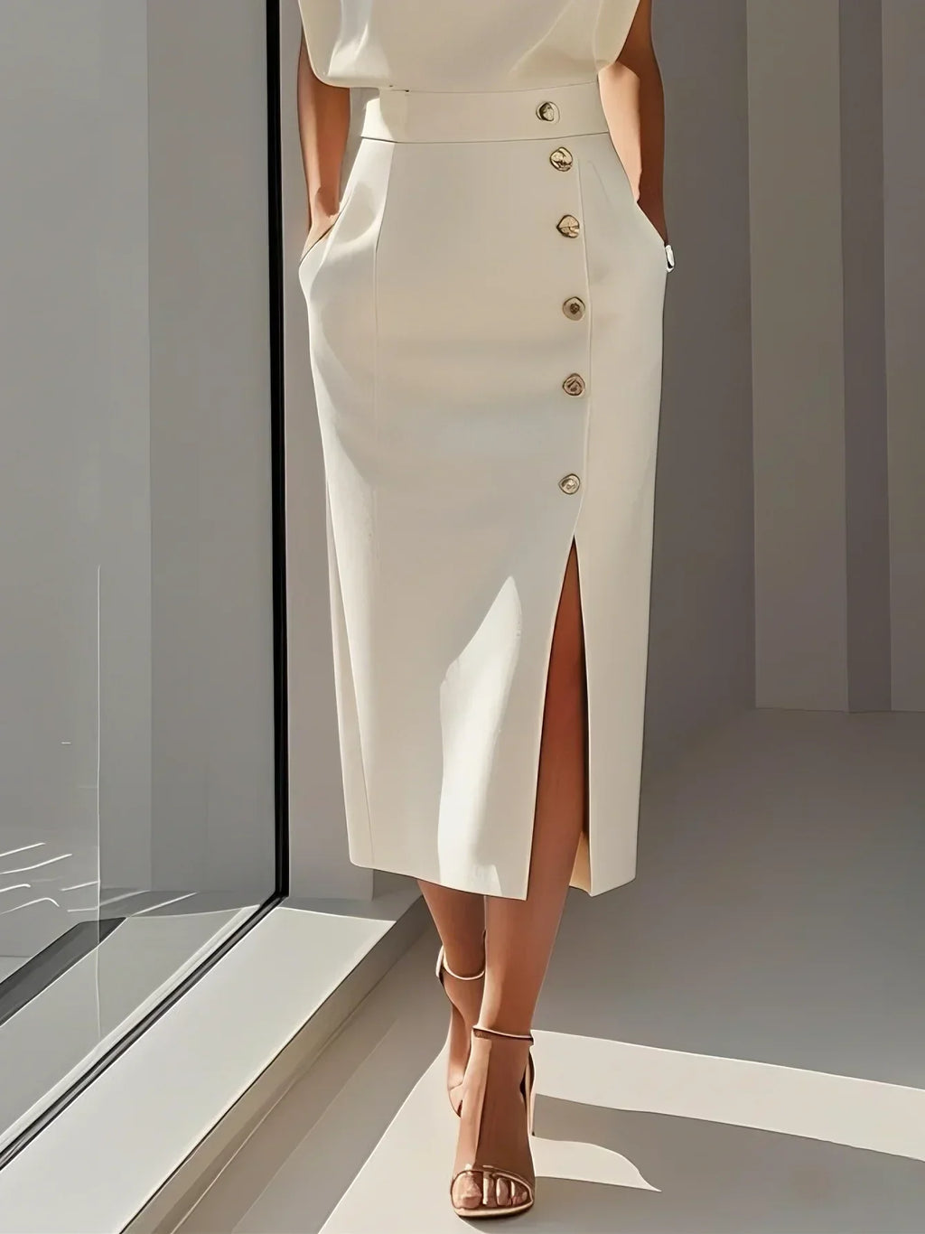 Midi Dress with Round Neck and Buttons for Women | Ideal for Summer