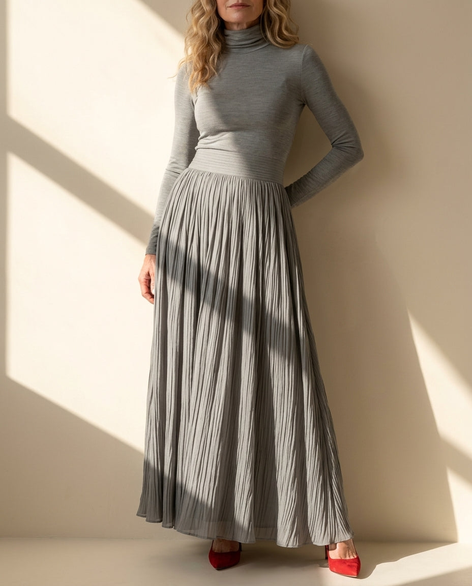 Long Sleeve Pleated Maxi Dress with Turtleneck and Pockets for Women