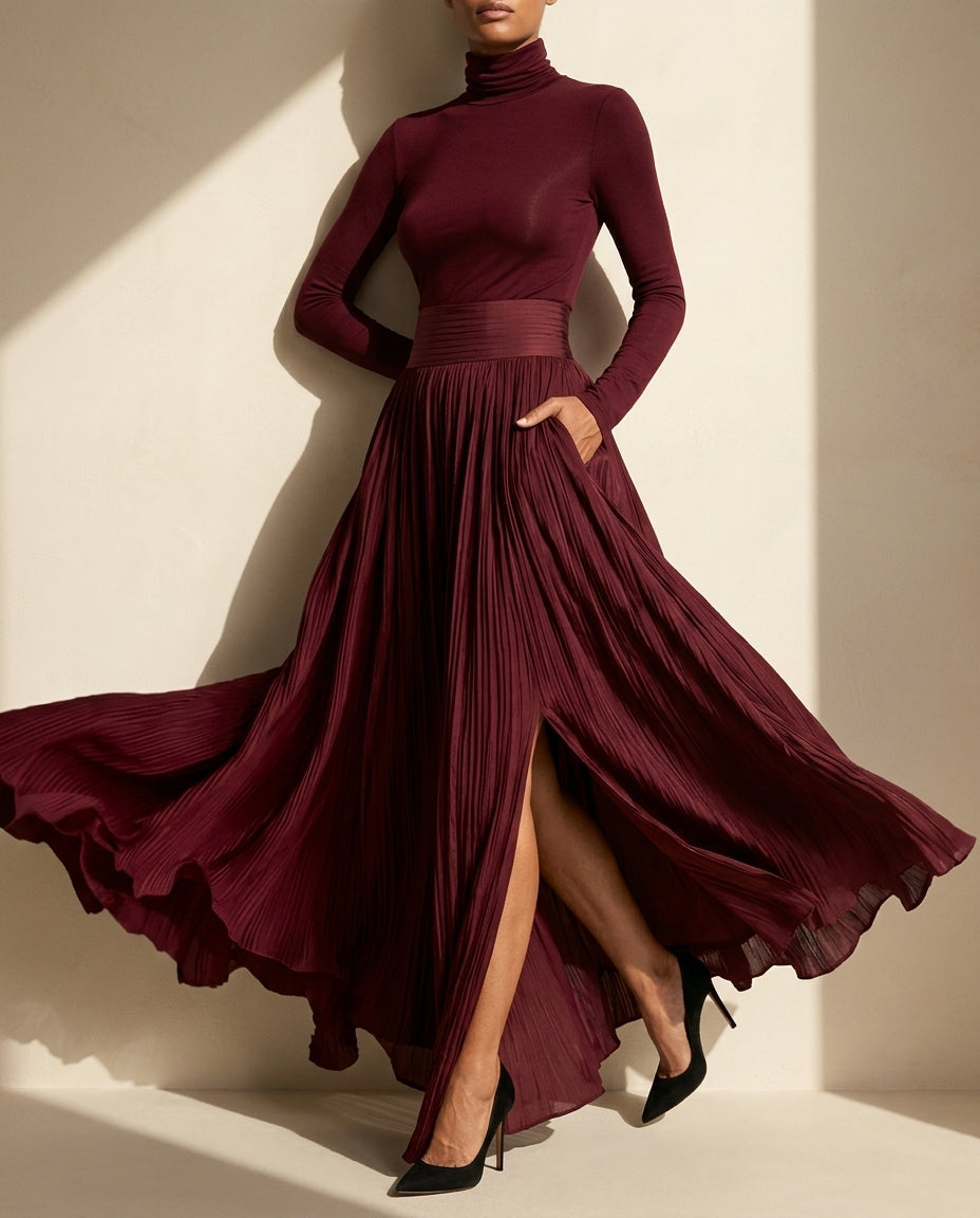 Long Sleeve Pleated Maxi Dress with Turtleneck and Pockets for Women