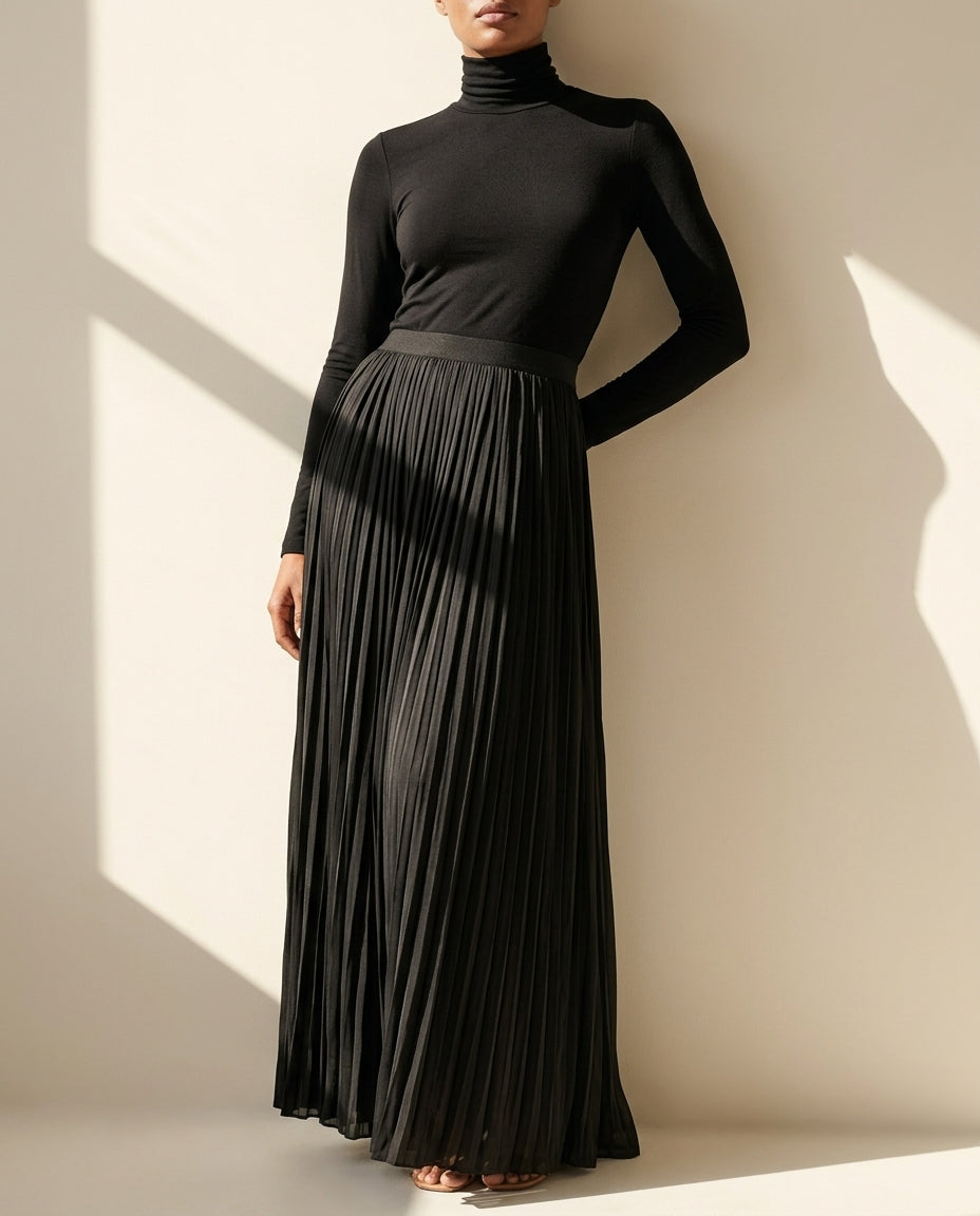 Long Sleeve Pleated Maxi Dress with Turtleneck and Pockets for Women