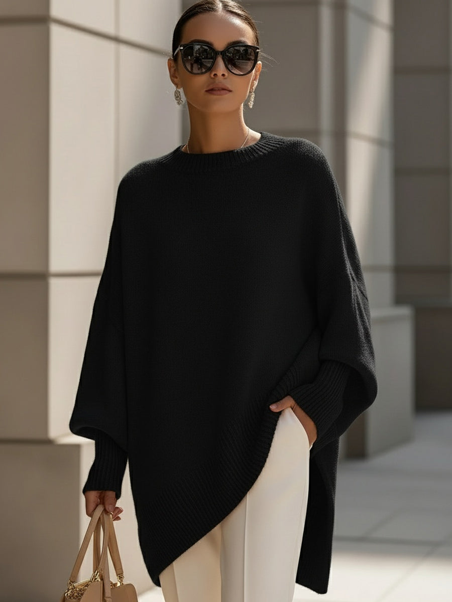 Oversized Long Sleeve Pullover Sweater with Ribbed Crew Neck for Women